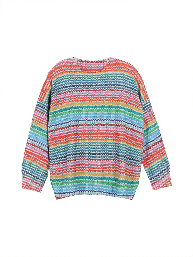 plus Size Hollow Collision Knitted Sweater round Neck Pullover Striped Design Comfortable Fit Women's Fashion Autumn Winter