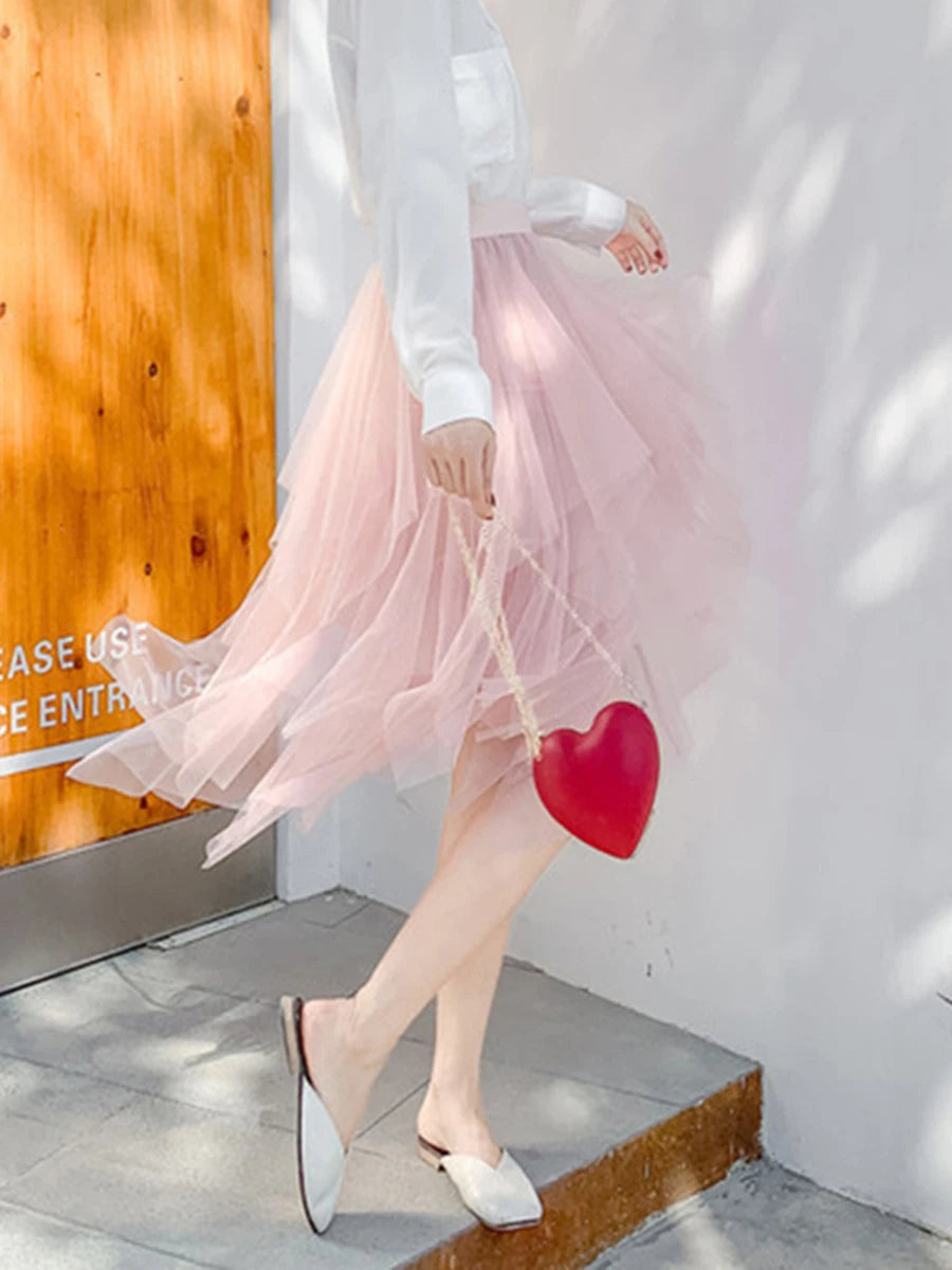 Women Tutu Tulle Skirt Elegant High Waist Mesh Tiered Layered Half Skirt Female Prom Party Midi Skirt for Summer Fairycore Y2K