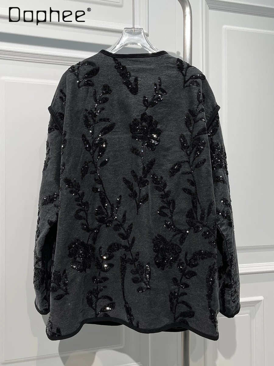 Fashion Versatile Heavy Industry Embroidered Flower Denim Jackets for Women Spring New Loose Casual Mid-length Sequined Jacket