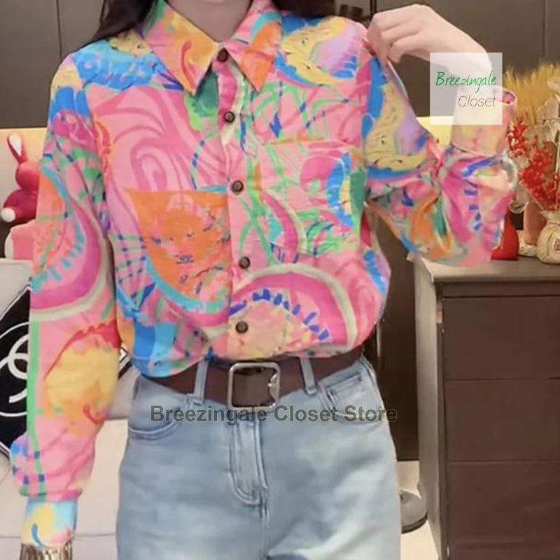 French fashion color printing long-sleeved shirt women's summer new fashion design sense temperament plus size loose Joker top.