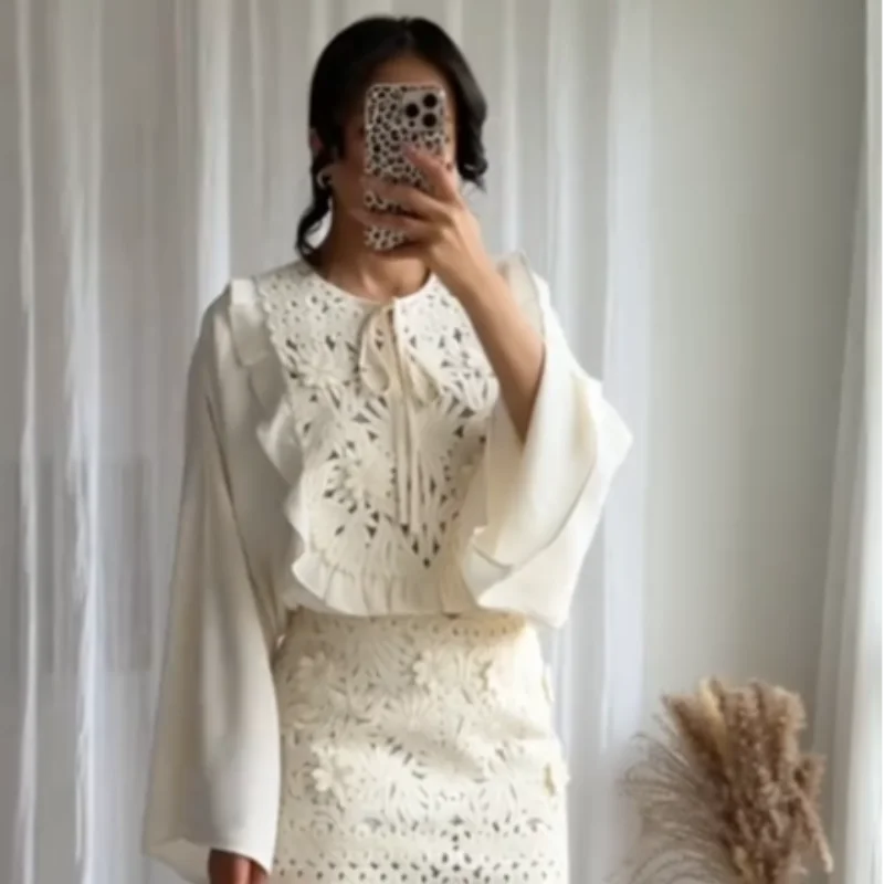 Floral Hollow Embroidery Mini Skirt Sets Women 2 Pieces Flare Sleeved Women Suit Casual Two Piece Set Summer Women Outfit