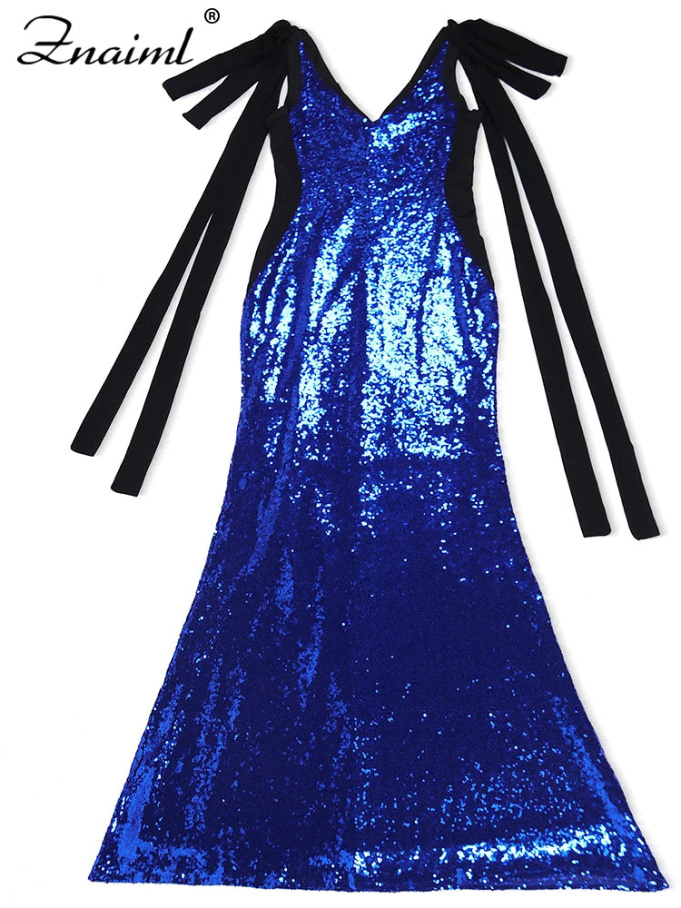Znaiml Women Elegant Cocktail Prom Long Blue Dress Luxury Sequin Sleeveless Bandage Wedding Gown Evening Formal Party Vestidos