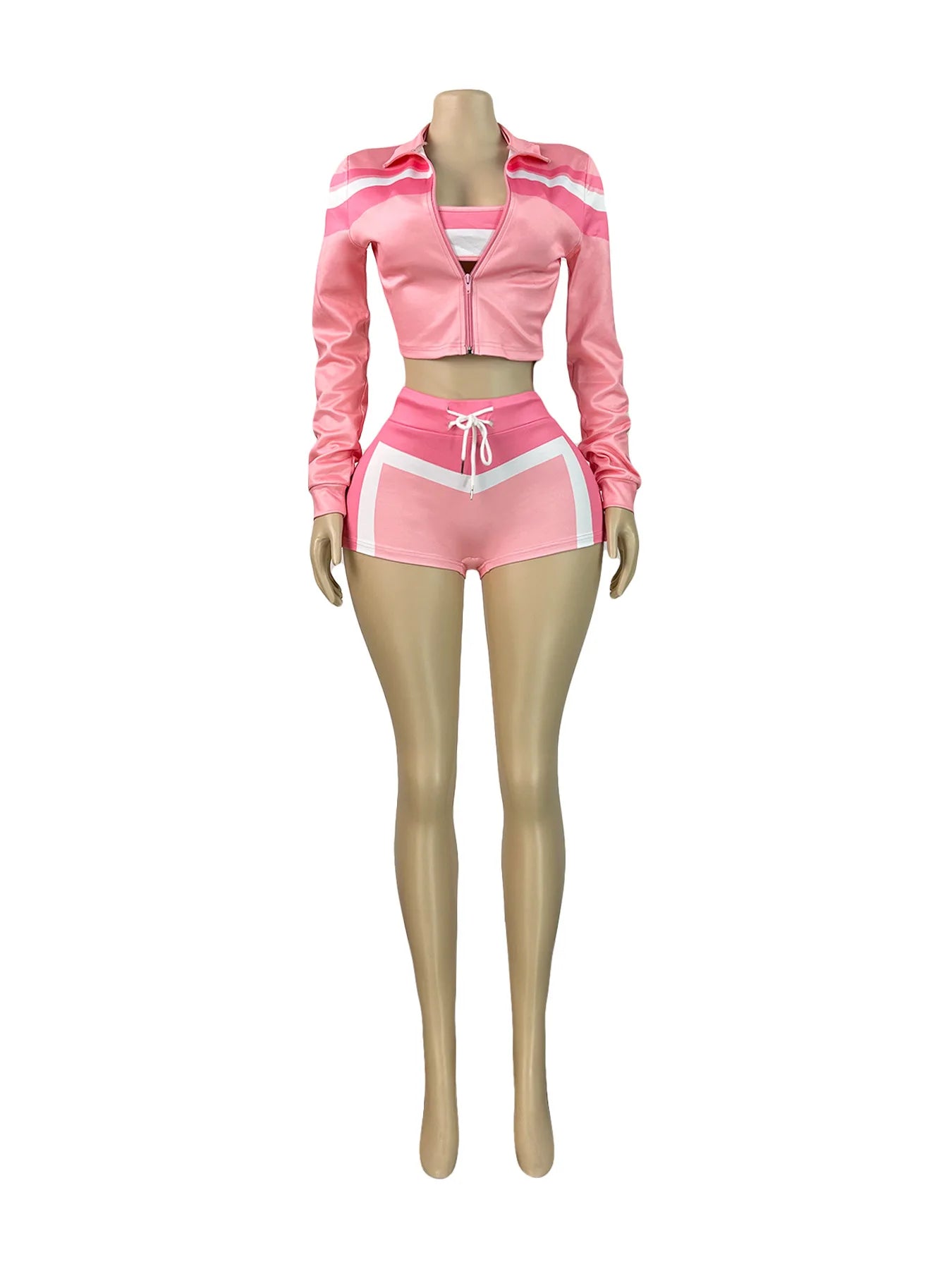 Weird Puss Contrast Patchwork 3 Piece Set Women Halter Strapless Tops+Cardigan Crop Jacket+Drawstring Shorts Sexy Sporty Outfits