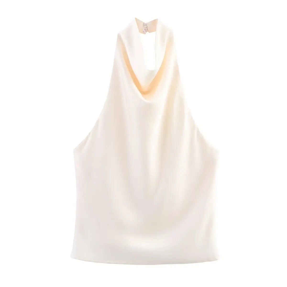 Sleek Solid Color Back Button Halter Neck Top for Women
