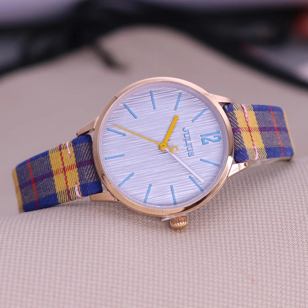 New Julius Women's Watch Fine Fashion British Plaid Style Hours Dress Bracelet Real Leather Clock Girl Birthday Gift Box