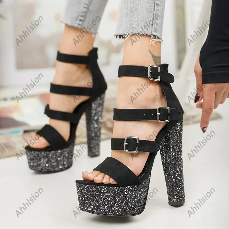 Black Buckle Strap Open Toe Platform Sandals with Square Heels for Women