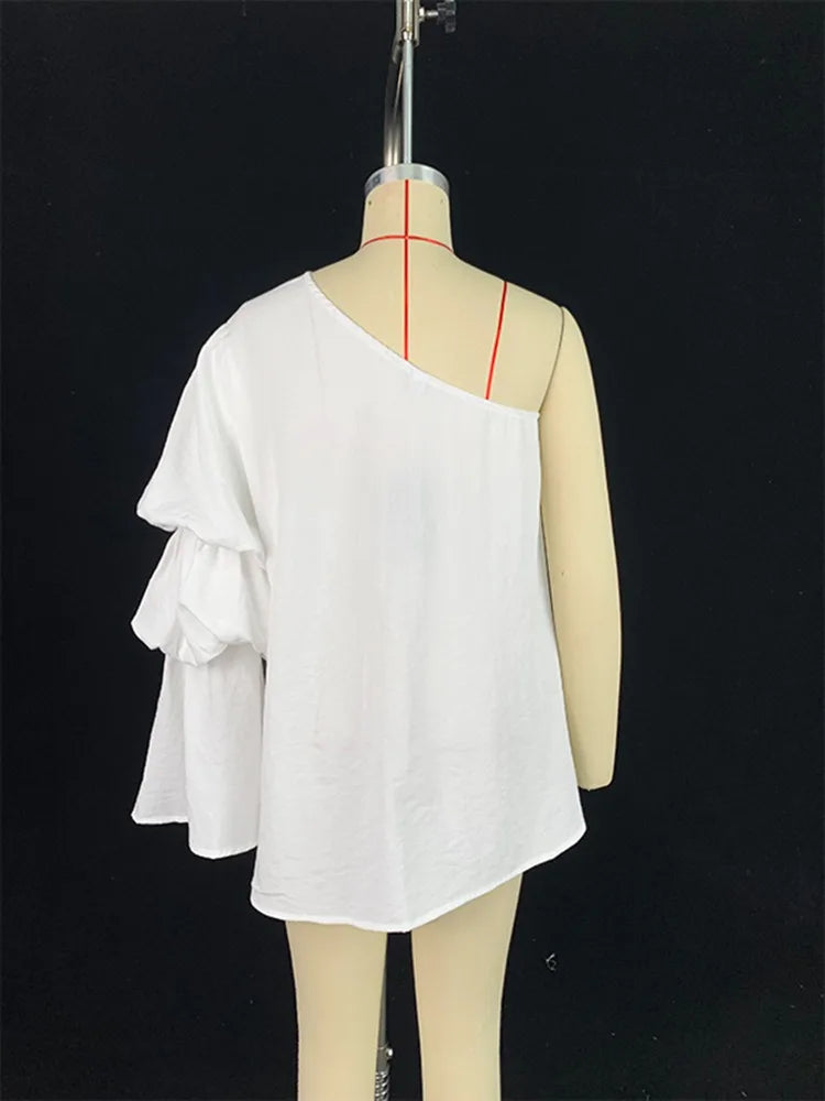 Beautyblue Flared Sleeves Women's T-shirt One-shoulder Long Sleeves Tee Summer Loose Asymmetric Elasticity Blouses&Shirts Female