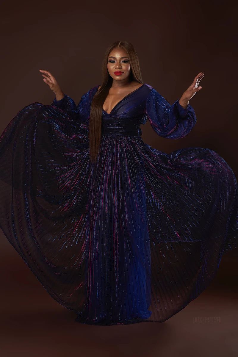 Plus Size Formal Multicolor Pleated V Neck Long Sleeves Maxi Dress