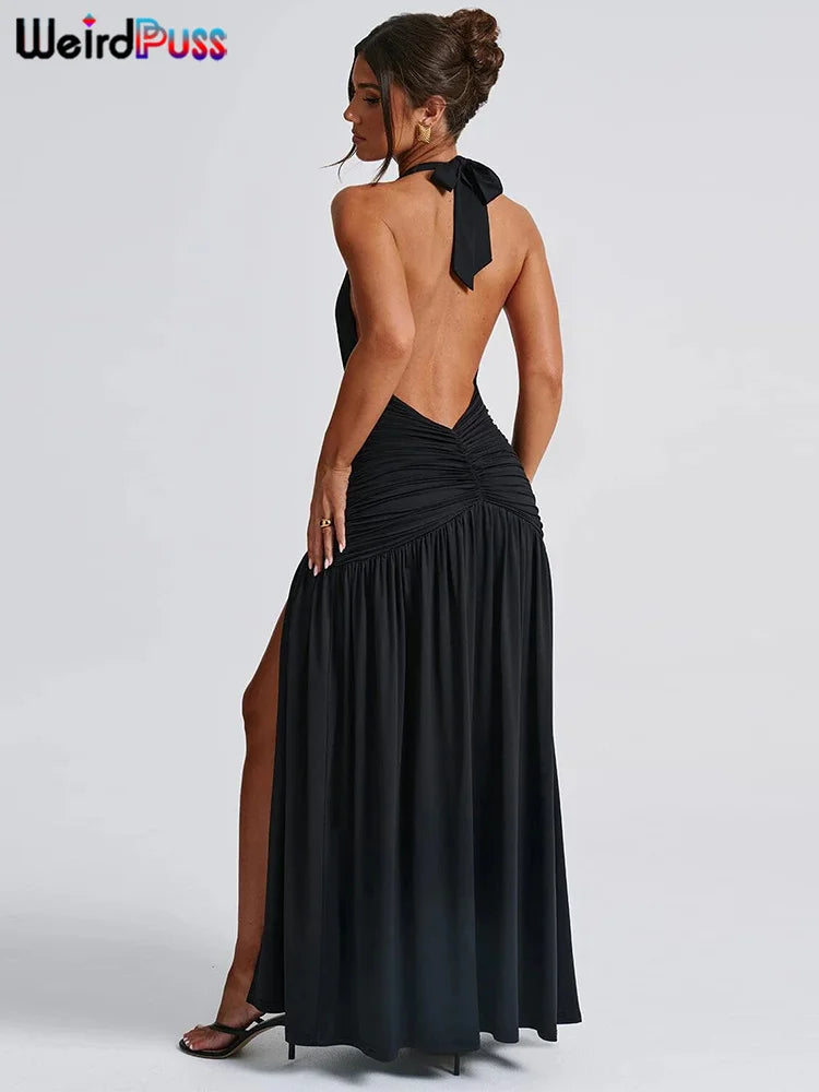 Weird Puss Deep V-Neck Halter Dress Woman Summer Ruffles Splits Backless Elegant Patchwork Solid Party Coquette Sexy Vestidos