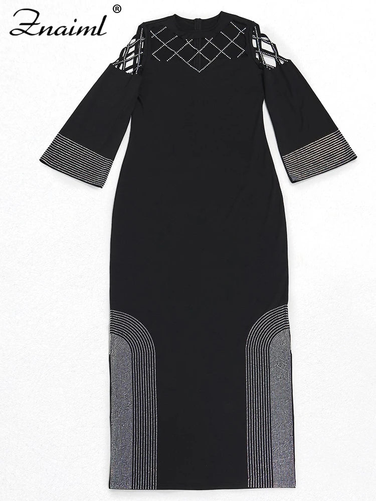 Znaiml Elegant Festival Indie Folk Diamonds Patchwork Hollow Out Long Sleeve Dress Women O-neck Evening African Vacation Vestido