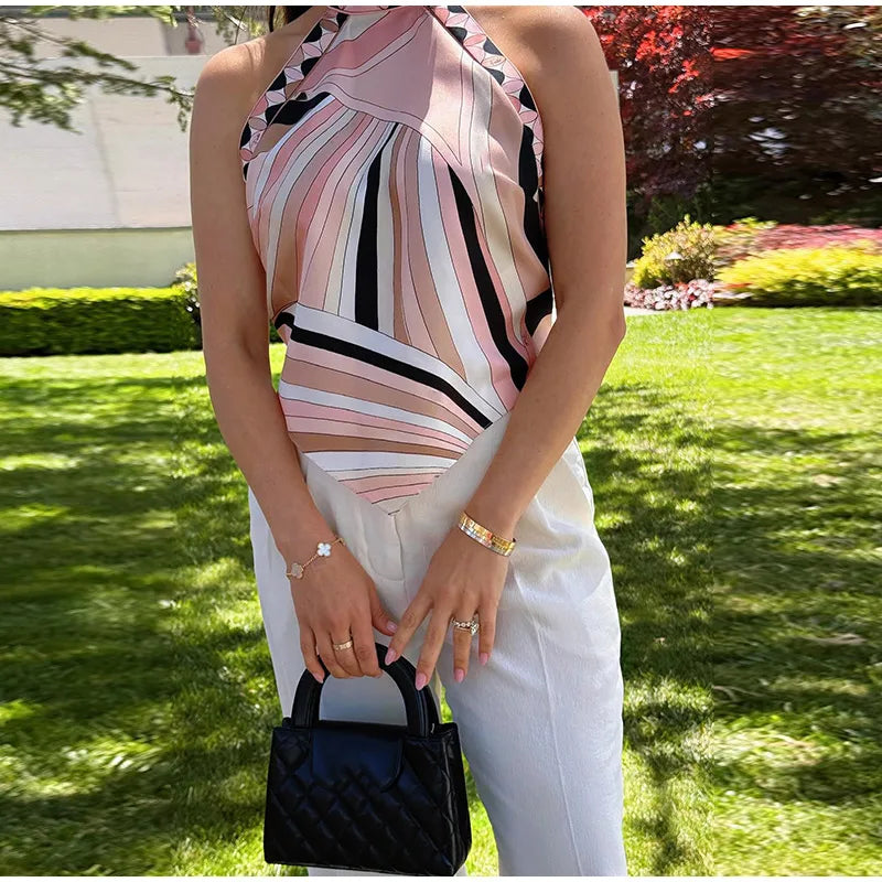 Print Irregular Women's Short Skirt Suits Halter Lace Up Backless Sleeveless Tank Top High Waist Sets Summer Lady Beach Outfits