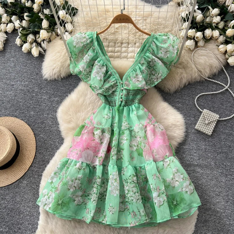 Boho Summer Floral Ruffle Cutout Mini Dress for Women