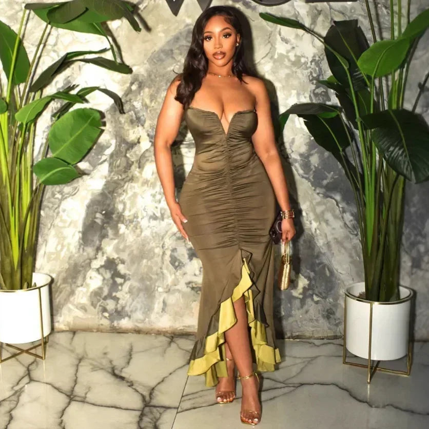 Summer Women V-neck Strapless Sleeveless Ruffles Maxi Long Dress 2025 Vacation Sexy Party Evening Bodycon Dresses Outfits