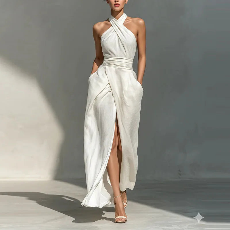 Criss Cross Halter Ruched Slit Maxi Dress for Women