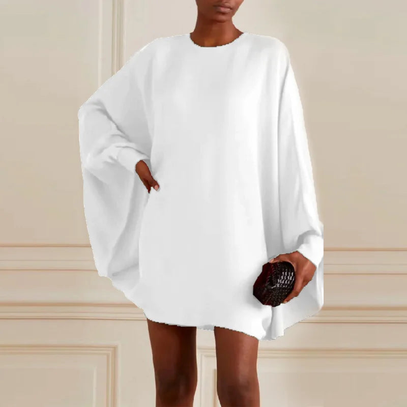 UOOZEE Women Fashion Simple Solid Color Round-Neck Mini Dresses 2025 New Spring Summer Batwing Sleeves Casual Short Dress