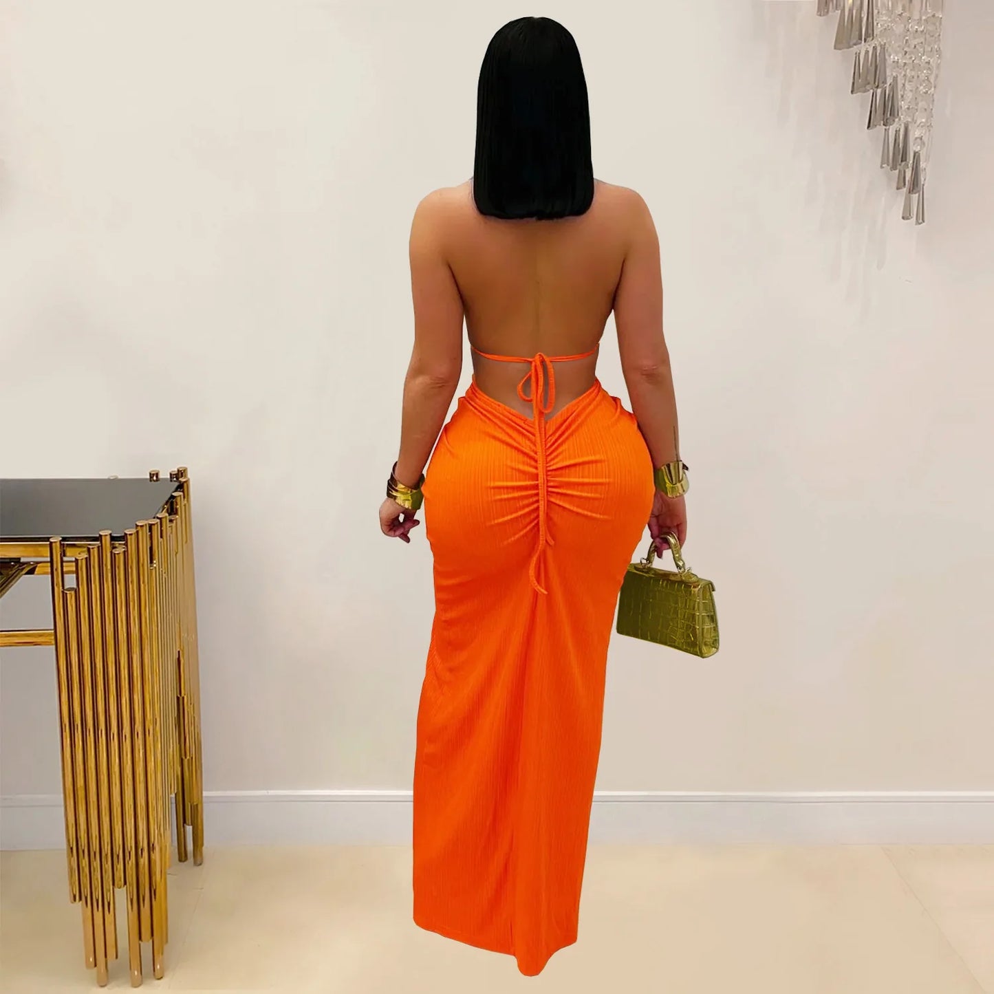 Joskaa Women's 2025 Summer Knit Halter Dress Sexy Hollow Backless Slit Bodycon Maxi Dresses Holiday Party Club Beachwear S-XXL
