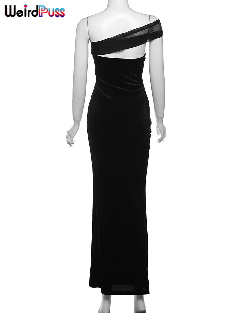 Weird Puss Diagonal Collar Sexy Dress Women Y2K Summer Trend Hollow Mesh Patchwork Midnight Birthday Party Clubwear Maxi Bodycon