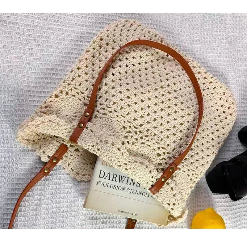 Ladies Beach Leisure Shoulder Bags Women's Summer Artistic Weaving Crochet Tote Handbags Female Retro Hollow Solid Crossbody Bag