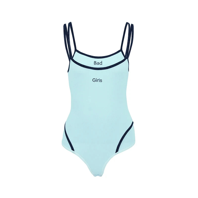Women Sports Bodysuits Solid Summer Sexy Sling Sleeveless Casual Slim Bodysuits Fashion O-Neck Embroidery Letter Skinny Rompers