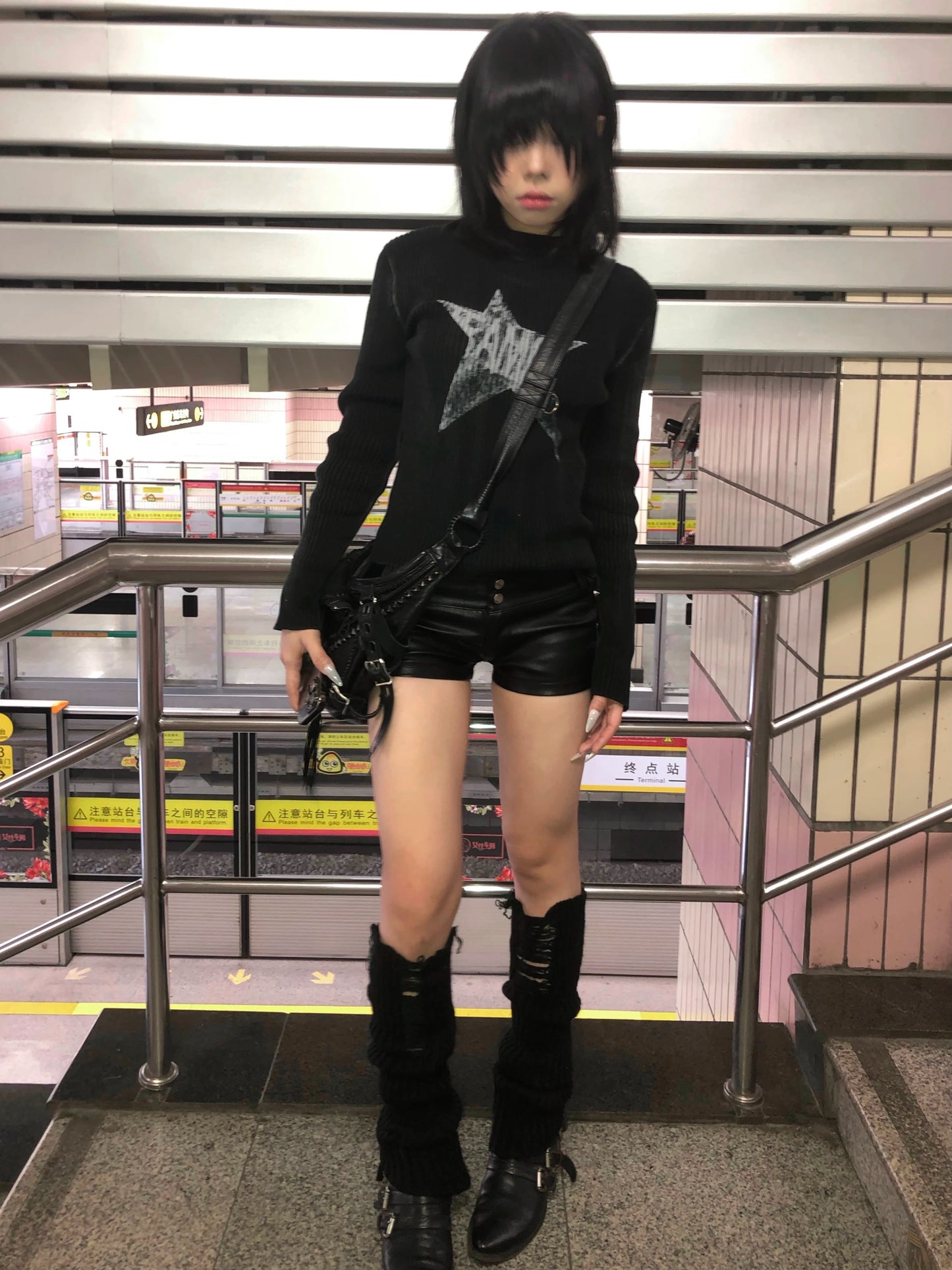 Karrram Japanese Y2k Black Knitted Tops Trashy 2000s Style Long Sleeve Knit T-shirt Vintage Harajuku Distressed Knitwear Grunge