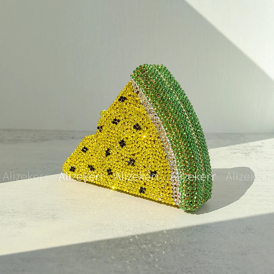Alizekerr Pizza Shaped Diamond Evening Clutch Bags 2024 New Gorgeous Unique Metallic Watermelon Rhinestone Purses Wedding Party