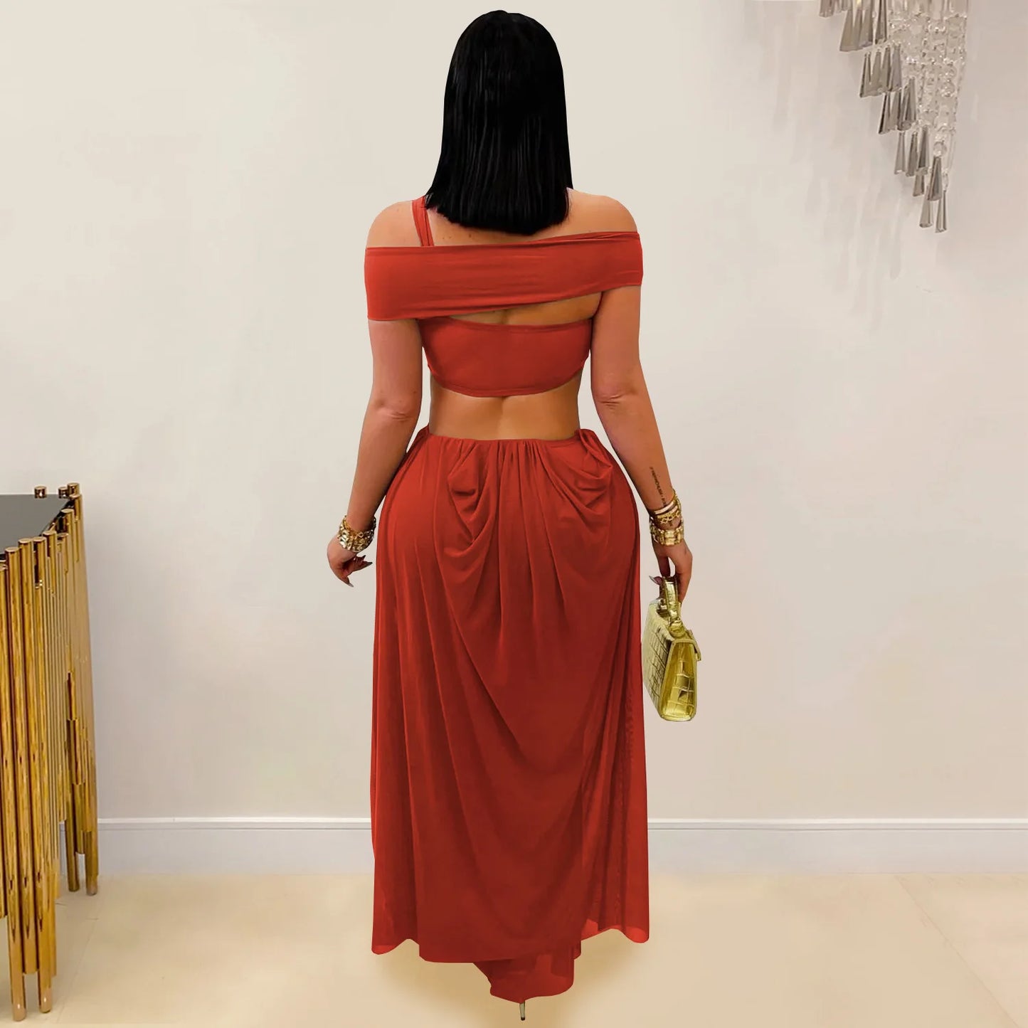 Joskaa 2025 Women's Elegant One Shoulder Strapless Mesh Irregular Maxi Dress Sexy Hollow Backless Skinny Evening Gown Clubwear