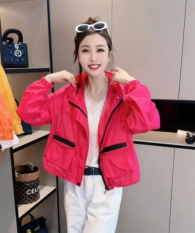 Spring and Autumn Lightweight Sunscreen Clothes for Women's Outdoor Wear 2025 White Hooded Loose Casual Summer Jacket Pink Orang