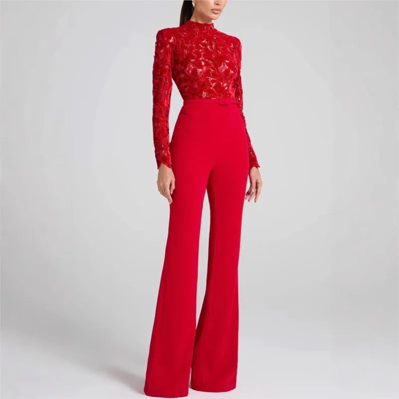 Embroidery Lace Red Jumpsuits Women Sexy Slim Long-sleeved Belt High Waist Jumpsuit Female 2025 Casual Lady Party Rompers