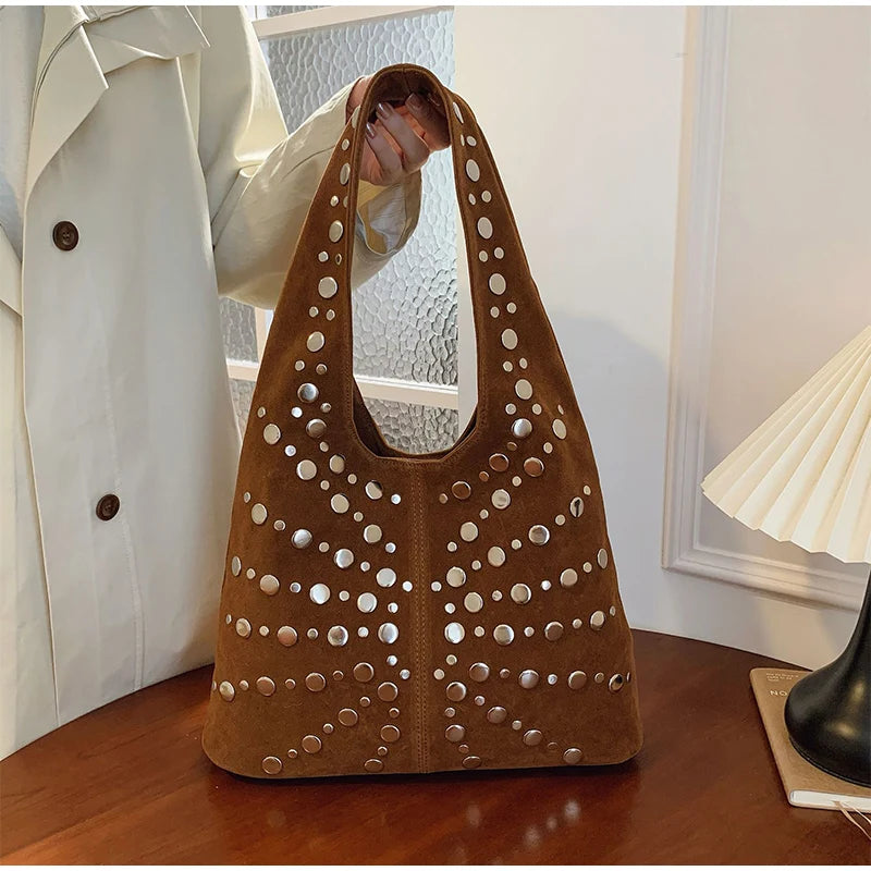 Polka Dot Rivet Tote Bag Women's Fashion Trend Texture Shoulder Bag High-end Luxury Suede Bucket Bag Commuter Female Handbag
