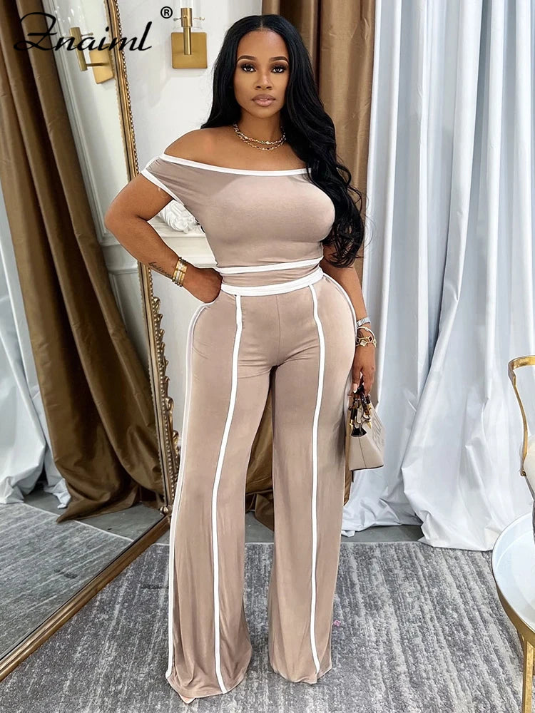 Znaiml Casual Solid Color Wide Legs Pnats Set for Women Diagonal Shoulders T-Shirt Crop Tops and Trousers Two Pieces Suit Outfit