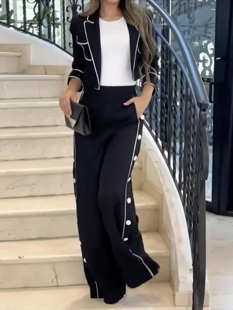 Beautyblue Black Pant Set Women's Blazer&Pants New Fashion High Waist Loose Buttoned Pocket Lapel Two-piece Set Office Commute
