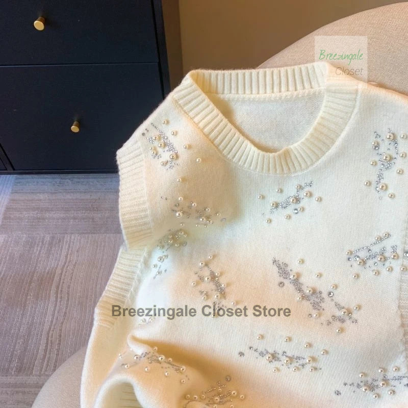 French style design nail bead inlaid diamond knitted vest for women's spring new style, sleeveless camisole top for outerwear
