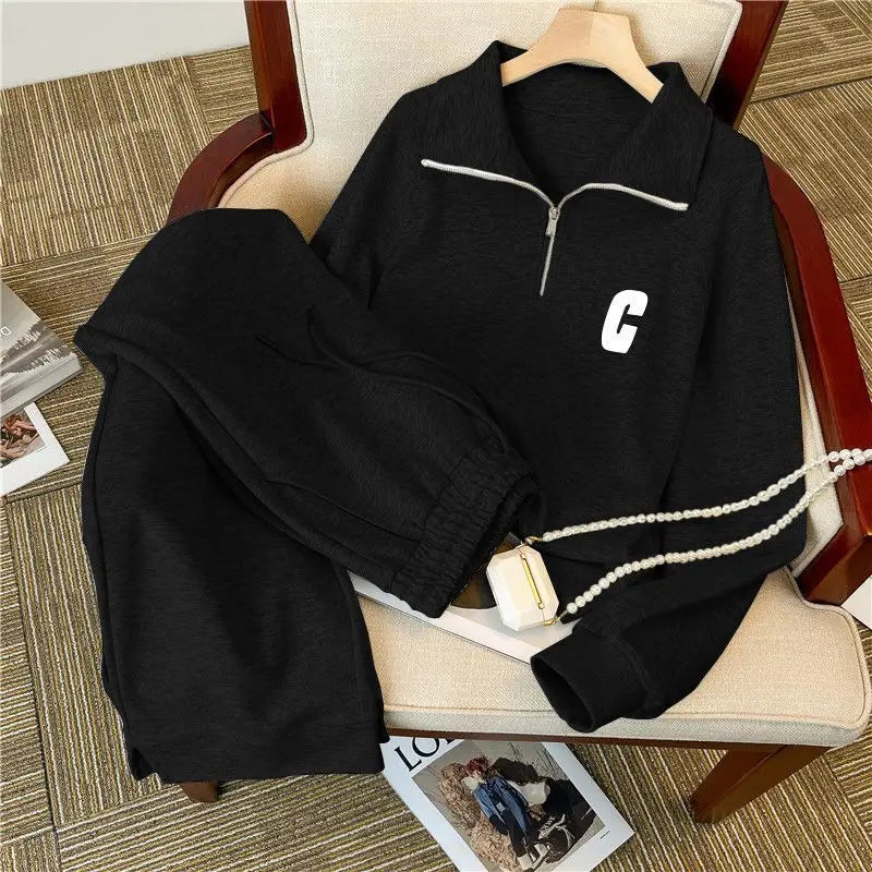 Large Collar Casual Sports Suit for Women, Autumn Loose and Stylish Fashion Hoodie Two-piece Set Juicy Couture Tracksuitpant Set