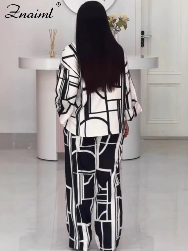 Znaiml Fashion Printing Wide Leg Pants Sets for Women O Neck Long Sleeve Loose Top and Trousers Two Pieces Streetwear Outfits