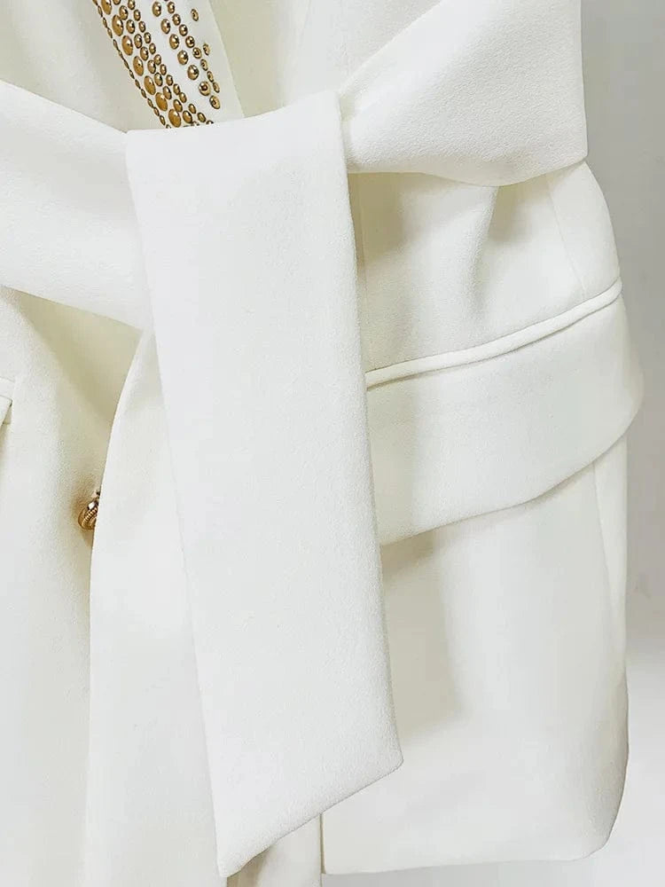 HIGH STREET Newest 2024 Stylish Designer Jacket Women's Metal Sheets Beading Belted Shawl Collar Blazer