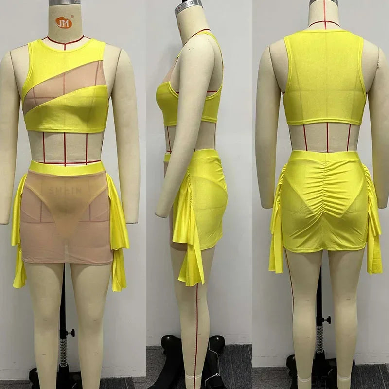 Sexy Mesh See-through Patchwork 2 Piece Sets Women Outfit Festival Clothing Tank Crop Top and Mini Skirt Set Night Club Outfits