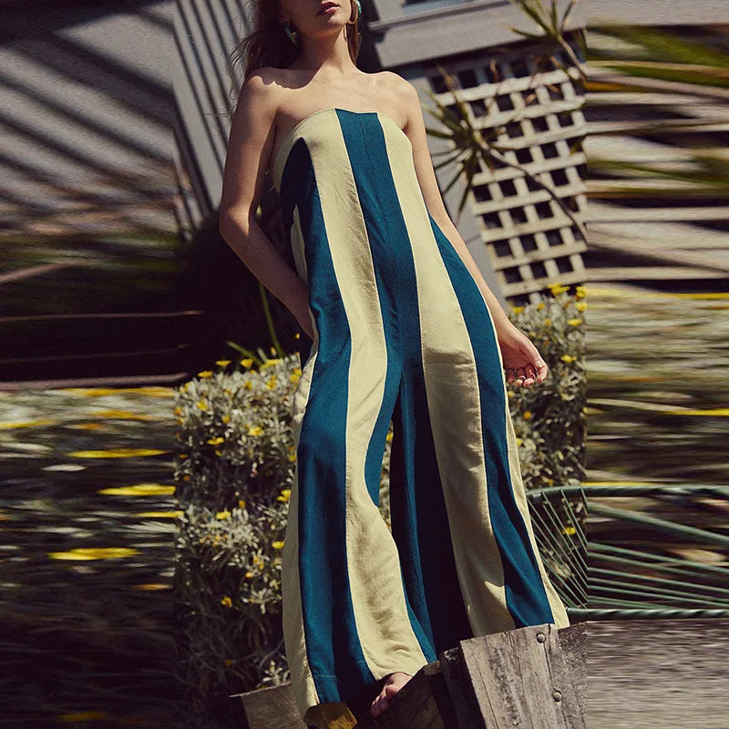 Summer Beach Hollowed Out Backless Long Pants Playsuit Bohemian Commuting Rompers Casual Striped Printed Off Shoulder Jumpsuit