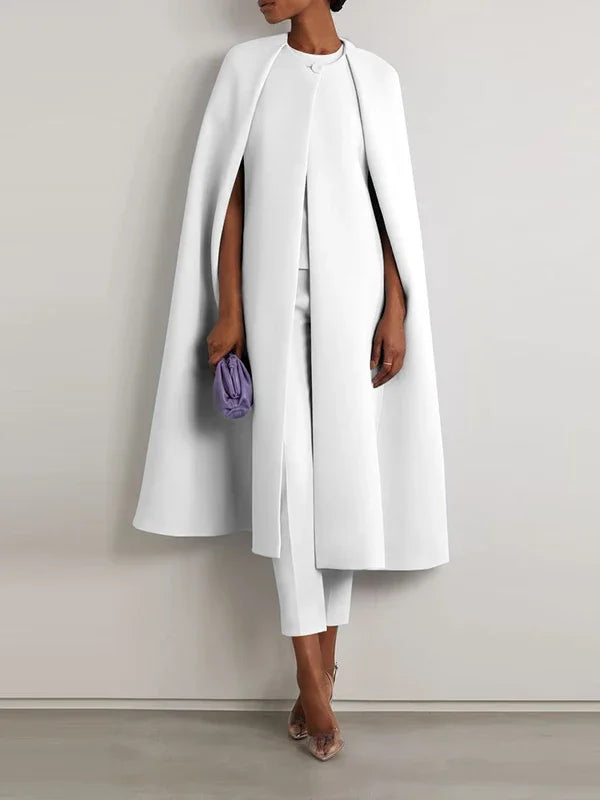 Elegant Solid Color Cape Coat High Waist Pants Two Piece Set For Women
