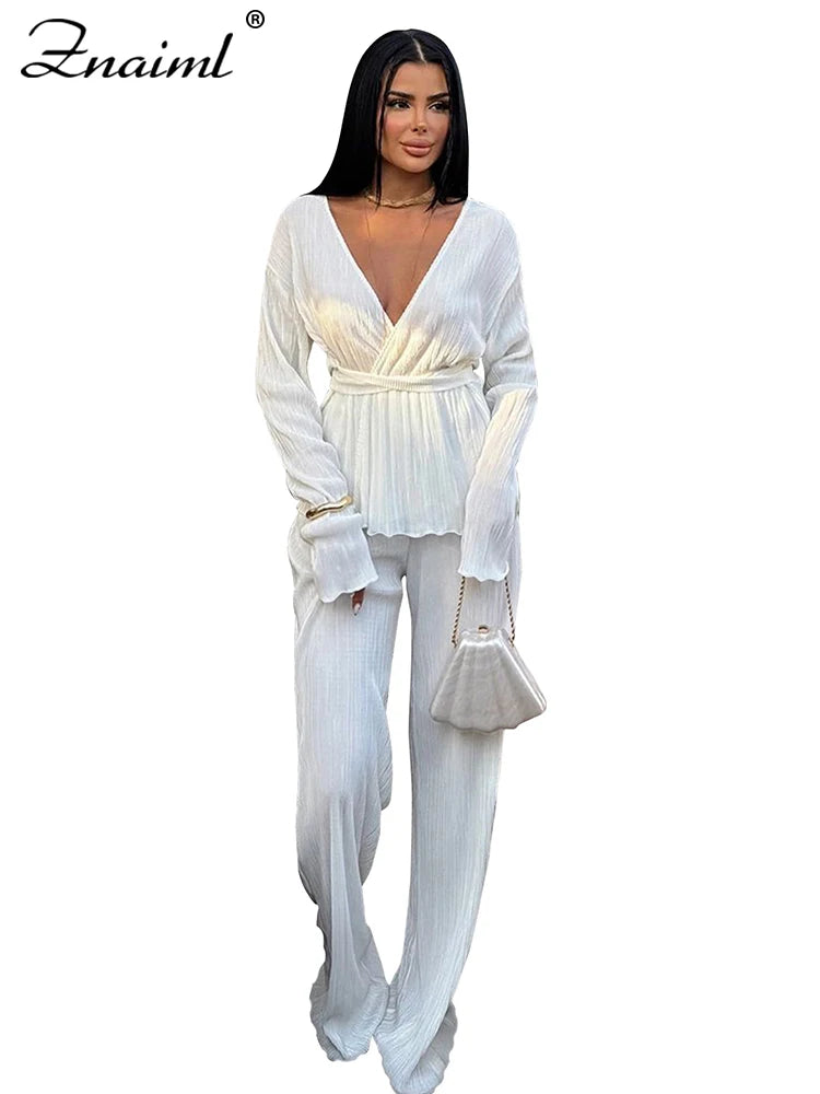 Znaiml Elegant Pleated Two 2 Piece Sets Women Full Sleeve V-neck Belt Tops and Wide Leg Pants Office Lady Outfits Vacation Suits