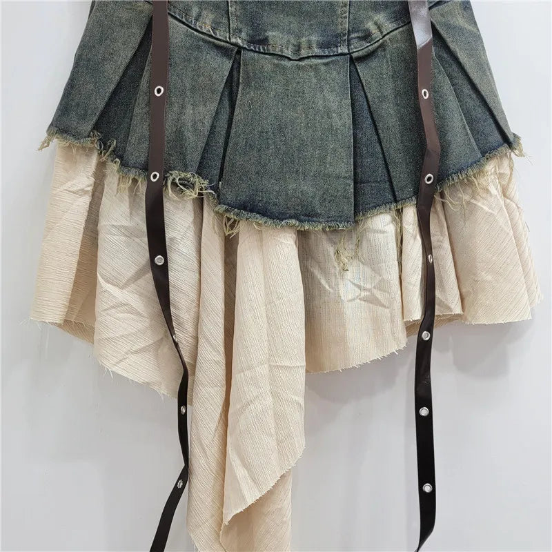 YEAE trendy fashion women's patchwork denim pleated skirt 2024 autumn new high waist strap design A-shaped skirt women