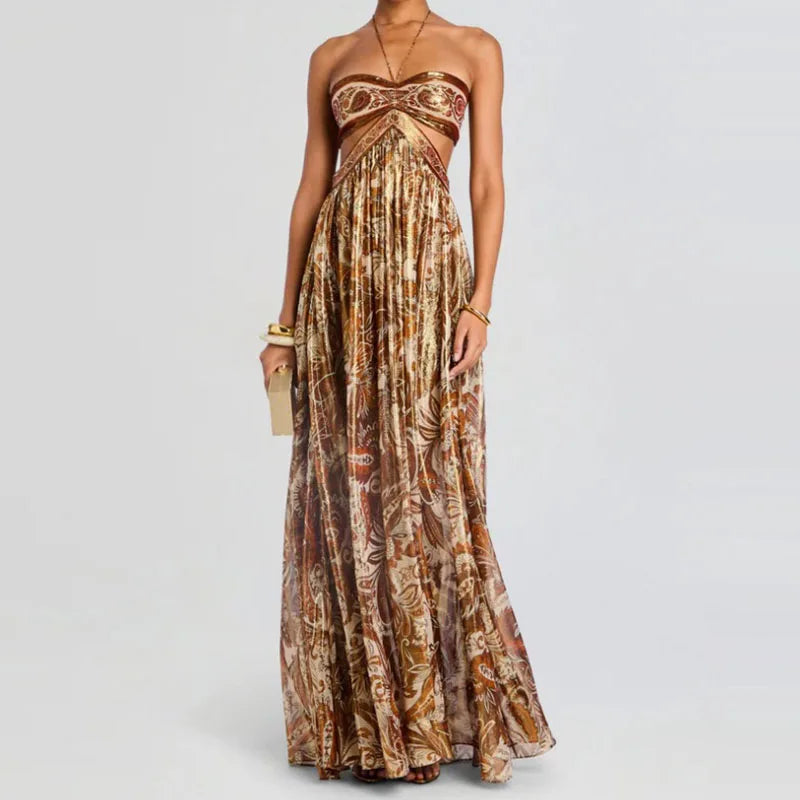 Holiday Sling Print Halter Party Dress Lady Summer Sleeveless Backless Beach Dresses Sexy Hollow High Waist Strapless Robe Dress