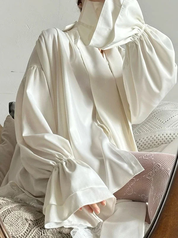 Womens Elegant Blouses & Shirts 2025 Spring Summer Solid Layered Flared Long Sleeves Female Chic Tied Tops Blouse