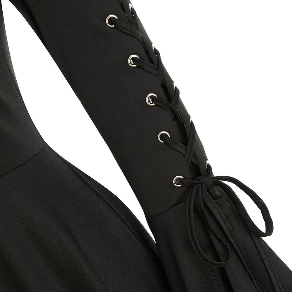 Halloween Women's Gothic Hooded Ruffle Flared Sleeve Lace Up Cloak Cape Tunic Tops Ladies Party Witch Costume Size S-2XL