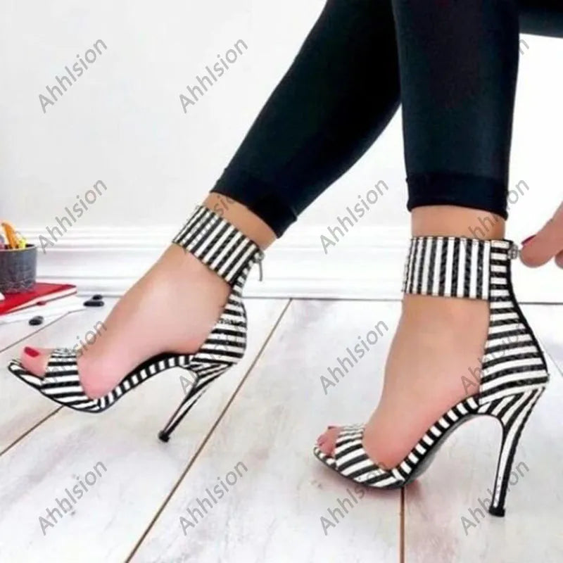 Elegant Black Striped Zippered Ankle Wrap Sandals for Women