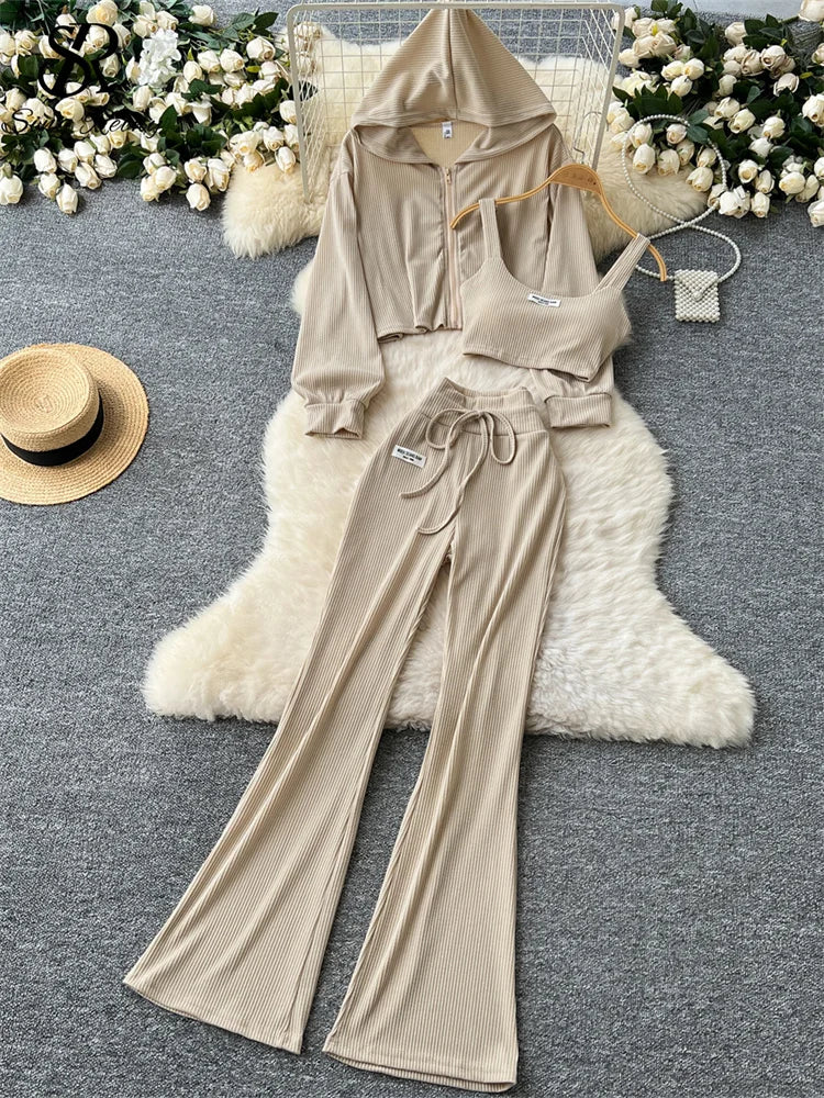 Sporty Three Piece Hoodie, Camisole and Pants Set for Women