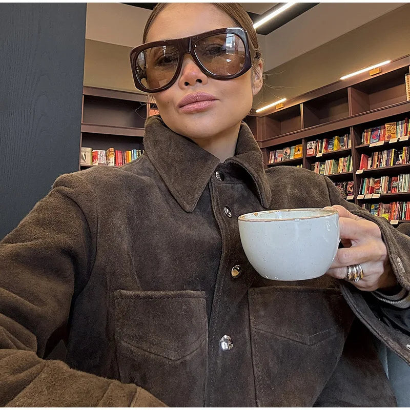 Big Pockets Suede Short Women's Jackets Vintage Lapel Single Breasted Full Sleeve Jacket Lady 2025 Spring Fashion Streetwears