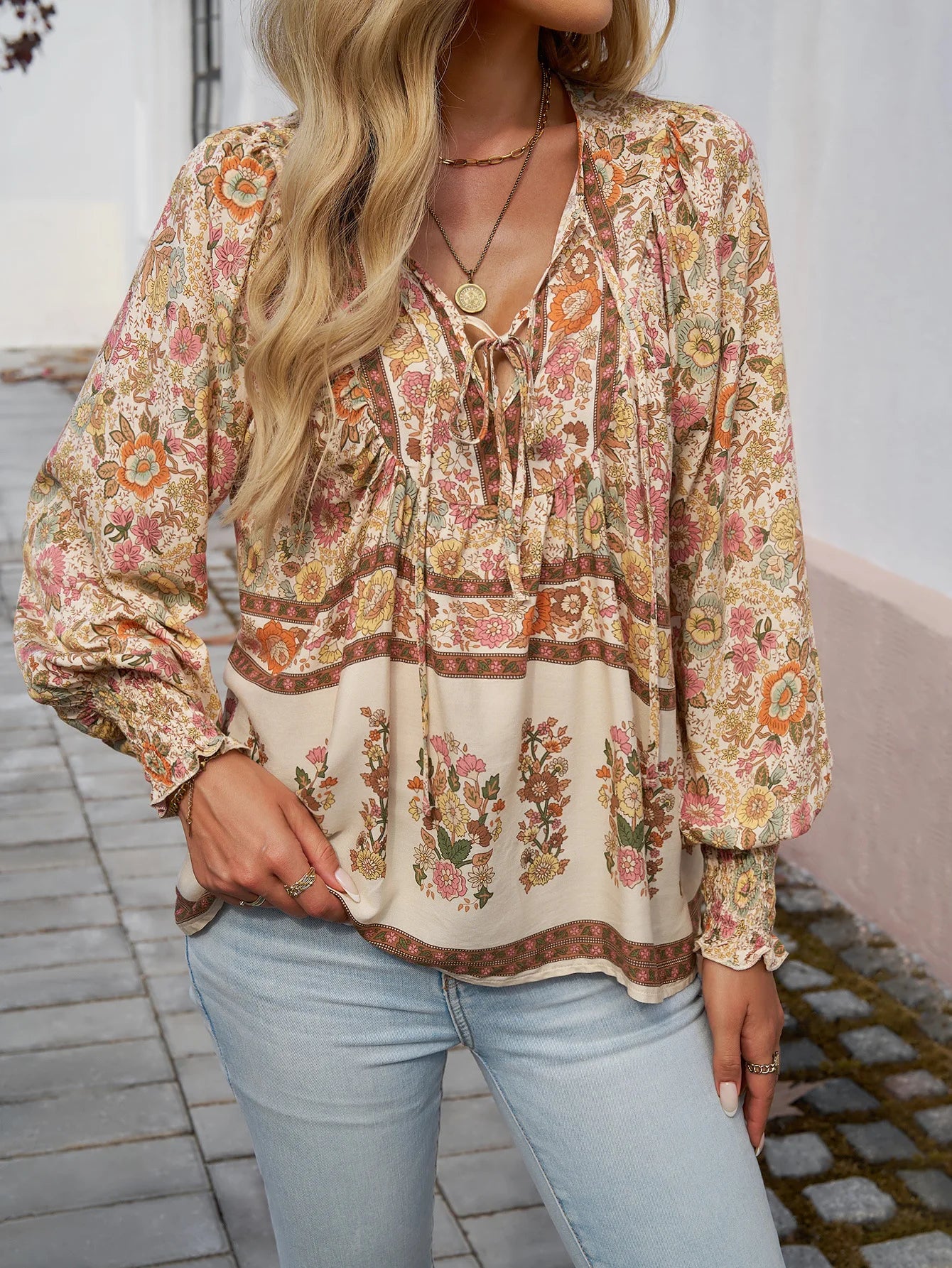 2025 Spring Summer Printed Shirt Women Elegant Chiffon V-neck Long-sleeve Top