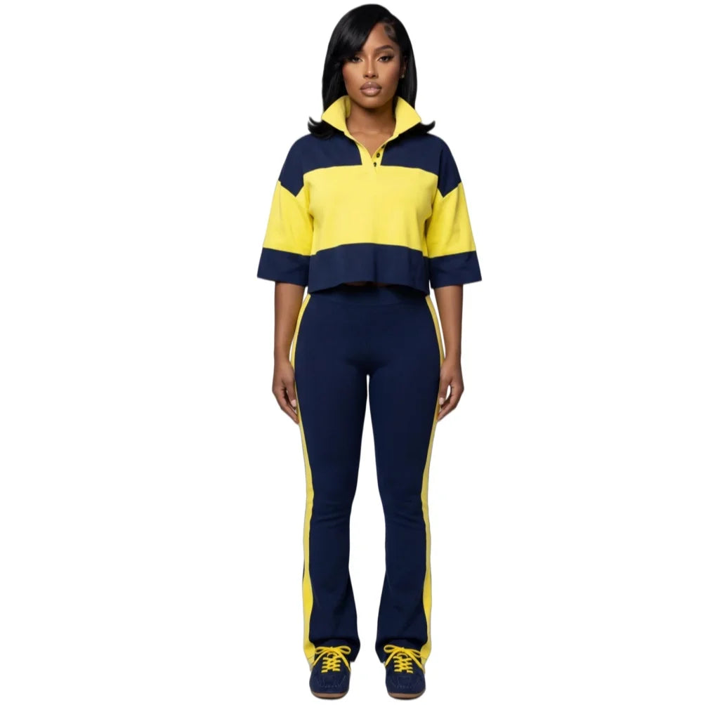 Stylish Color Block Polo Neck Two Piece Set for Women