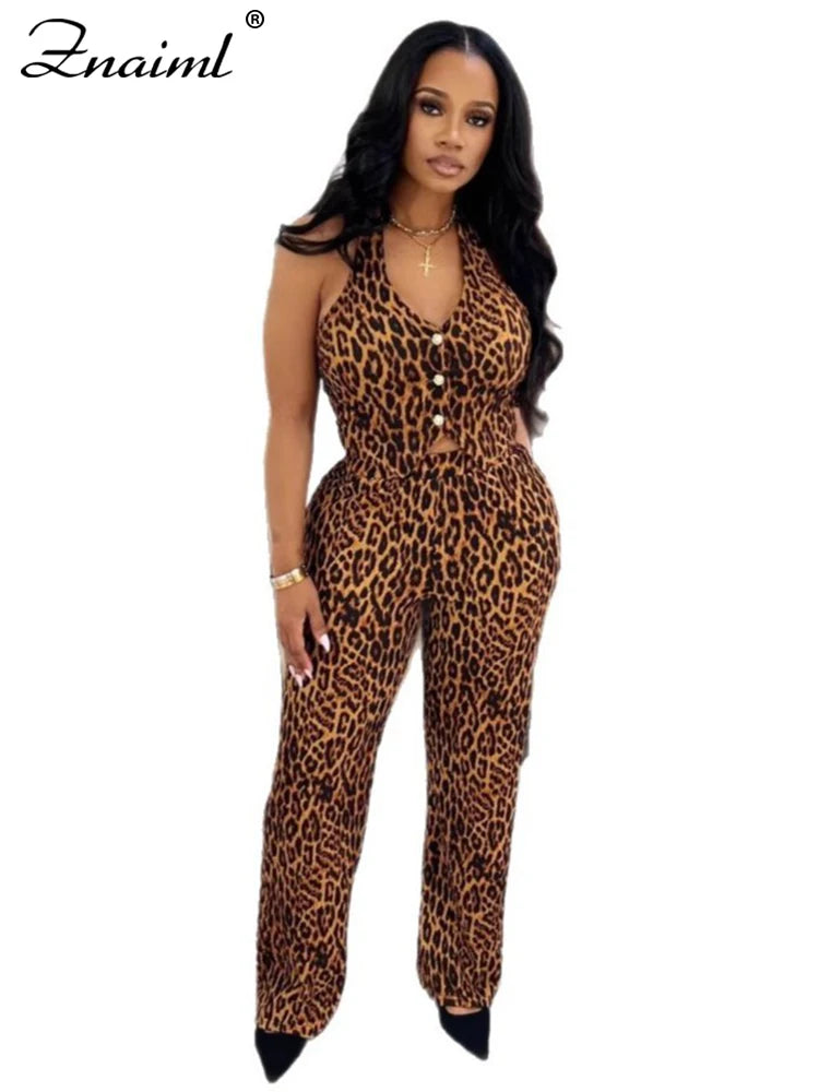 Znaiml Sexy Leopard Print 2 Piece Pants Sets Woman Halter V-neck Button Crop Top and Trousers Suits Night Club Birthday Outfit