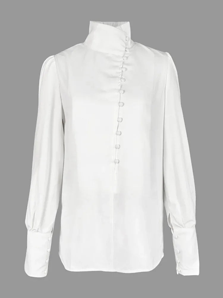 2025 New Chinese Style Shirt Top Solid Color Stand Collar Long Sleeve Loose Fit T-shirt Commuter Female Buttoned Blouse